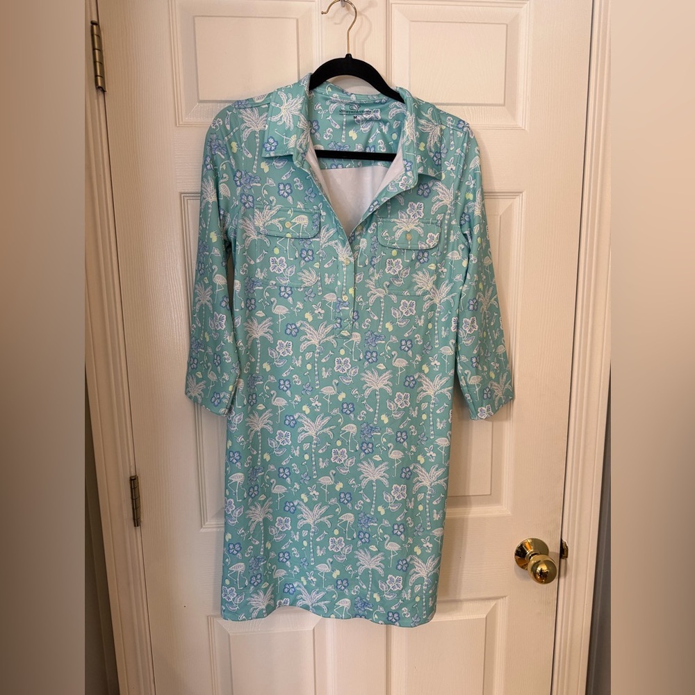 Vineyard Vines Blue Tropical Print Long Sleeve Polo Dress